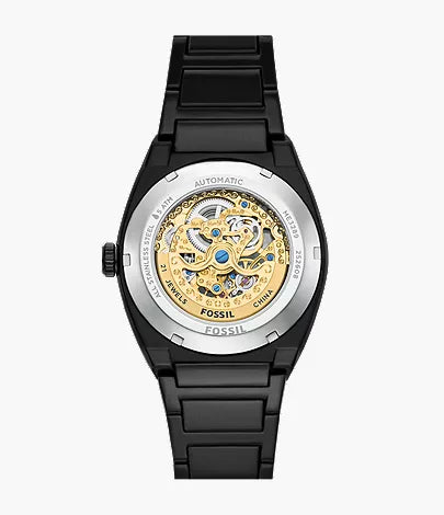 Fossil Watch - Everett - ME3289 featuring a black stainless steel case, openwork dial, and an exhibition case back revealing the gold-toned automatic movement.