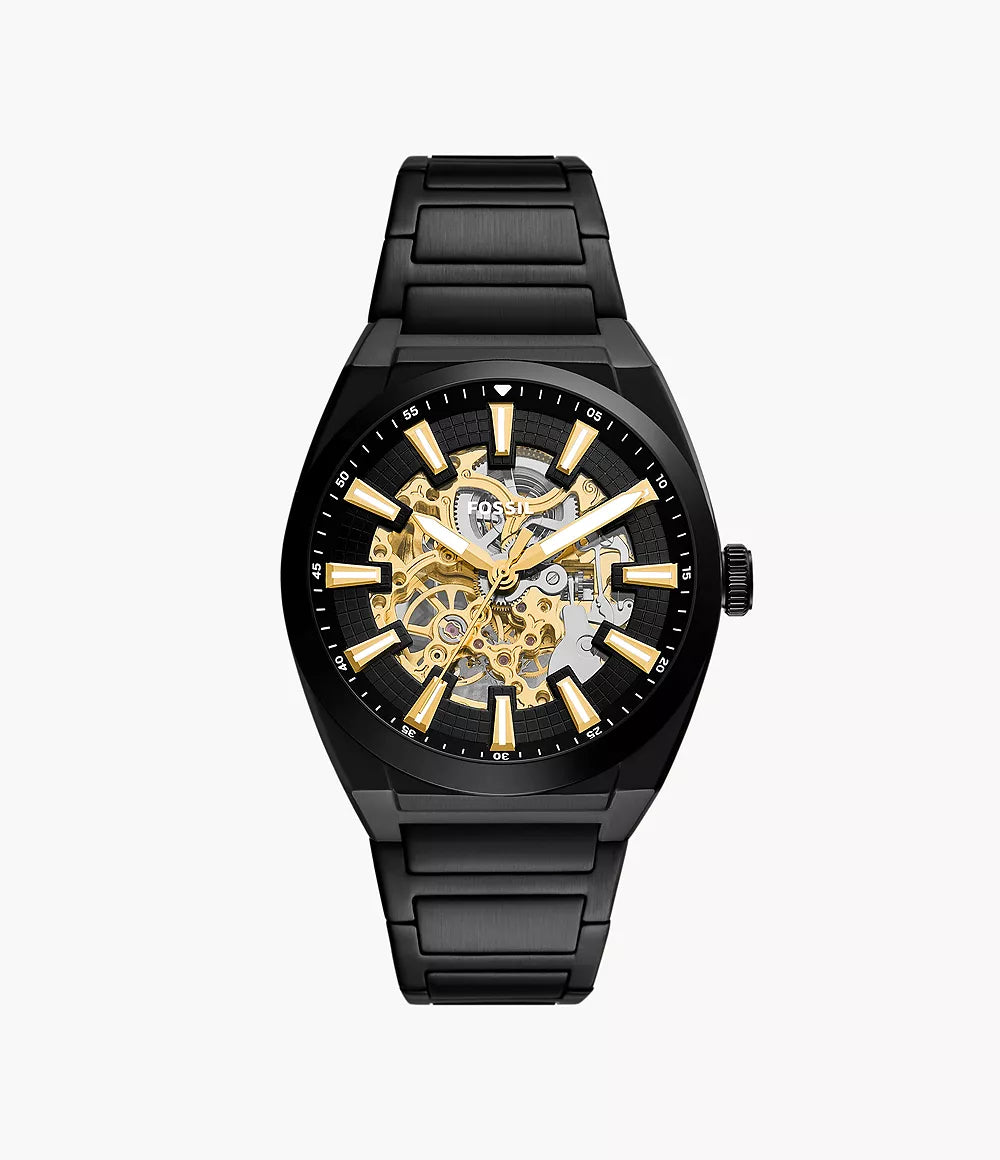 Fossil Watch - Everett - ME3289, a black automatic watch featuring an openwork dial, gold-tone indices, and a black link bracelet.