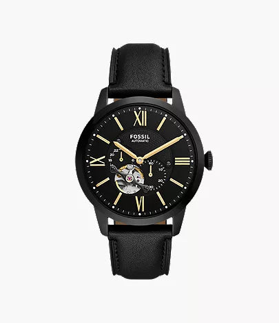 Fossil Watch - Townsman - ME3290 with a black leather strap, gold-tone hour markers, and an open-heart dial showcasing the automatic movement.