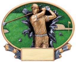 The Marco RESIN GOLF MALE MOTION X OVAL 7 1/4" X 6" trophy features a male golfer in mid-swing with a green background, flag, and sand trap in an oval frame. Includes a blank nameplate and decorative stars. Brand: Marco.