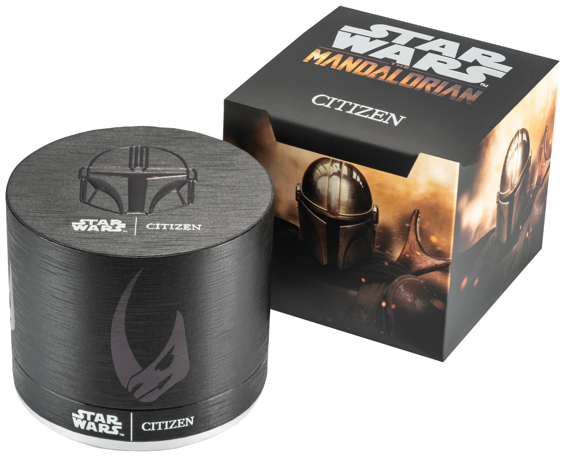 The Citizen Watch - Mandalorian - CA0857-09W comes in a round black watch box and square outer box, both with Star Wars: The Mandalorian designs—Mandalorian helmet, Mudhorn symbol, and Star Wars Citizen logos.
