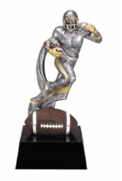 Celebrate achievement with the Marco - Resin Trophy Football - MX909. This silver and gold trophy features a football player running with the ball, mounted on a black base with a brown football at the front.