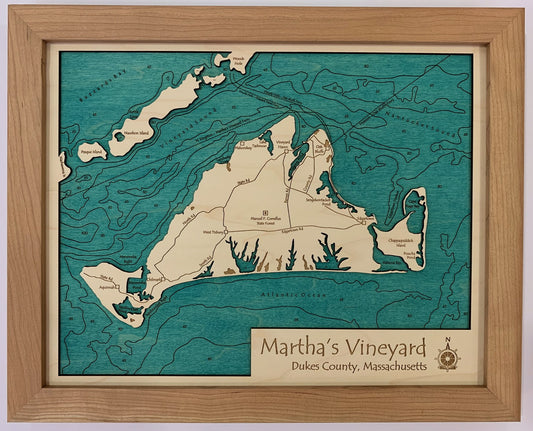 Lake Map - Martha's Vineyard - Laser Carved Wooden Relief Map - 11" x 14" - Massachusetts
