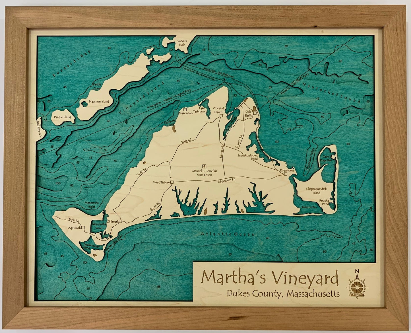 Lake Map - Martha's Vineyard - Laser Carved Wooden Relief Map - 14" x 18" - Massachusetts