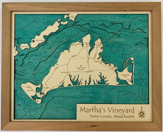 Lake Map - Martha's Vineyard - Laser Carved Wooden Relief Map - 14" x 18" - Massachusetts