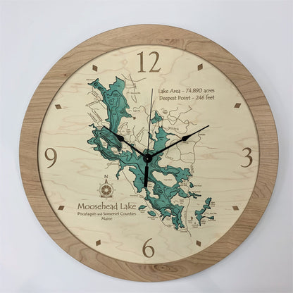 The Lake Art Lake Clock – Moosehead Lake ME features a topographic map, area and depth details, and black hands. A perfect wall clock for lake lovers and adventurers, this unique timepiece celebrates iconic Moosehead Lake.