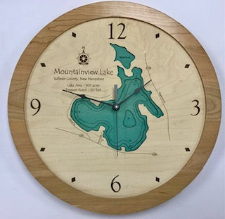 The Lake Art Lake Clock - Mountainview Lake - Custom Wooden Lake Clock showcases a detailed Mountainview Lake map in New Hampshire, with numbers and hands encircling the design for a unique, functional lake-themed wall clock.