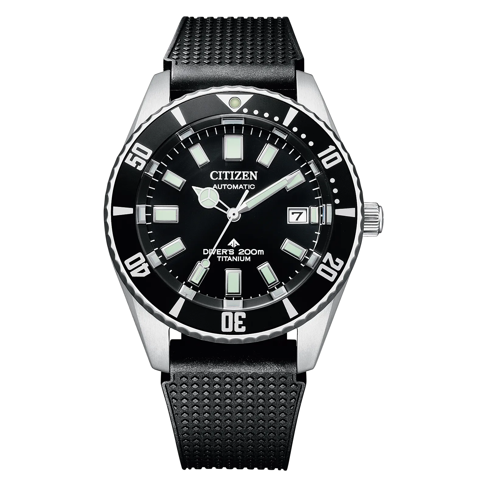 The Citizen Promaster Fujitsubo Automatic (NB6021-17E) features a black dial, silver bezel, luminous markers and hands, date at 3 o’clock, textured black strap, and is water resistant to 200m.