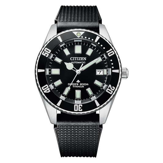 The Citizen Promaster Fujitsubo Automatic (NB6021-17E) features a black dial, silver bezel, luminous markers and hands, date at 3 o’clock, textured black strap, and is water resistant to 200m.
