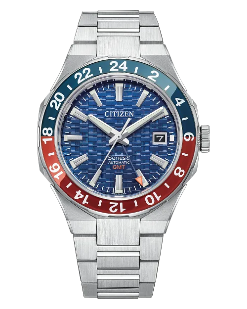 The Citizen Watch - Series8 880 GMT (NB6030-59L) features a stainless steel band, blue patterned dial, date window at 3 o’clock, red and blue 24-hour bezel, and bold hands for clear timekeeping.