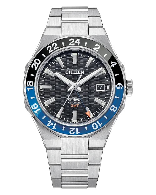 The Citizen Watch Series8 880 GMT (NB6031-56E) features a stainless steel case, black and blue bezel with 24-hour markings, black textured dial, silver hour markers, date at 3 o’clock, and a silver metal bracelet.