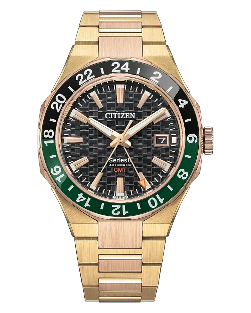The Citizen Watch - Series8 880 GMT (NB6033-51E) features a gold case and bracelet, black patterned dial, gold markers, date at 3 o'clock, and black/green GMT bezel. This automatic watch displays both 12-hour and 24-hour time formats.