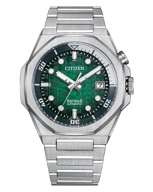 The Citizen Watch - Series8 890 (NB6060-58X) by Citizen features an automatic movement, geometric green dial, silver hour markers, a date window at 3 o’clock, and a stainless steel link bracelet.