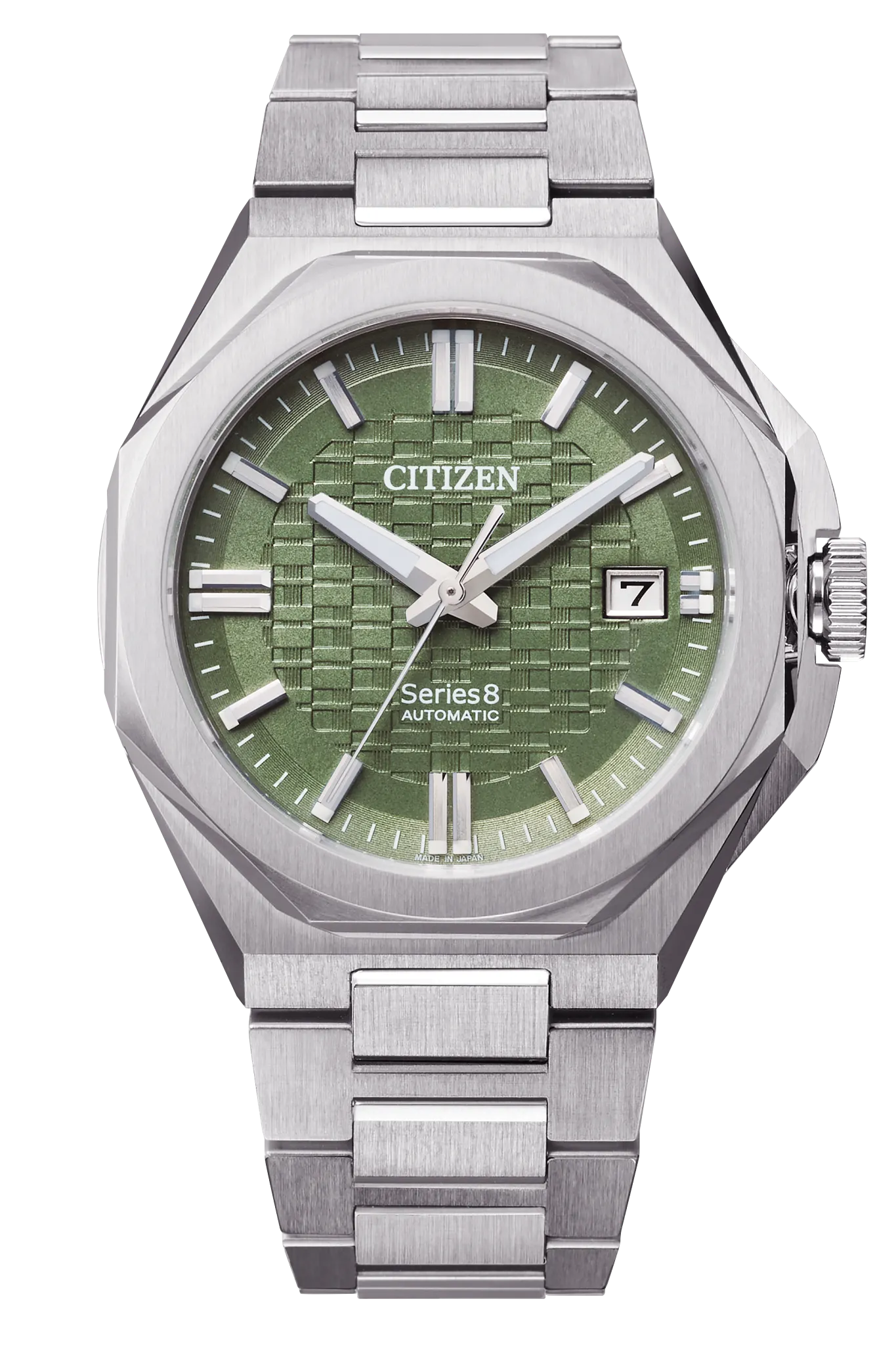 The Citizen Watch - Series 8 - NB6080-51W is a sport-luxury automatic watch with a silver stainless steel band, green textured dial, silver hands, white markers, and a date window at 3 o’clock.