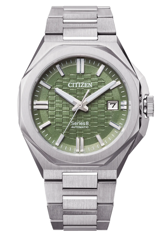 The Citizen Watch - Series 8 - NB6080-51W is a sport-luxury automatic watch with a silver stainless steel band, green textured dial, silver hands, white markers, and a date window at 3 o’clock.