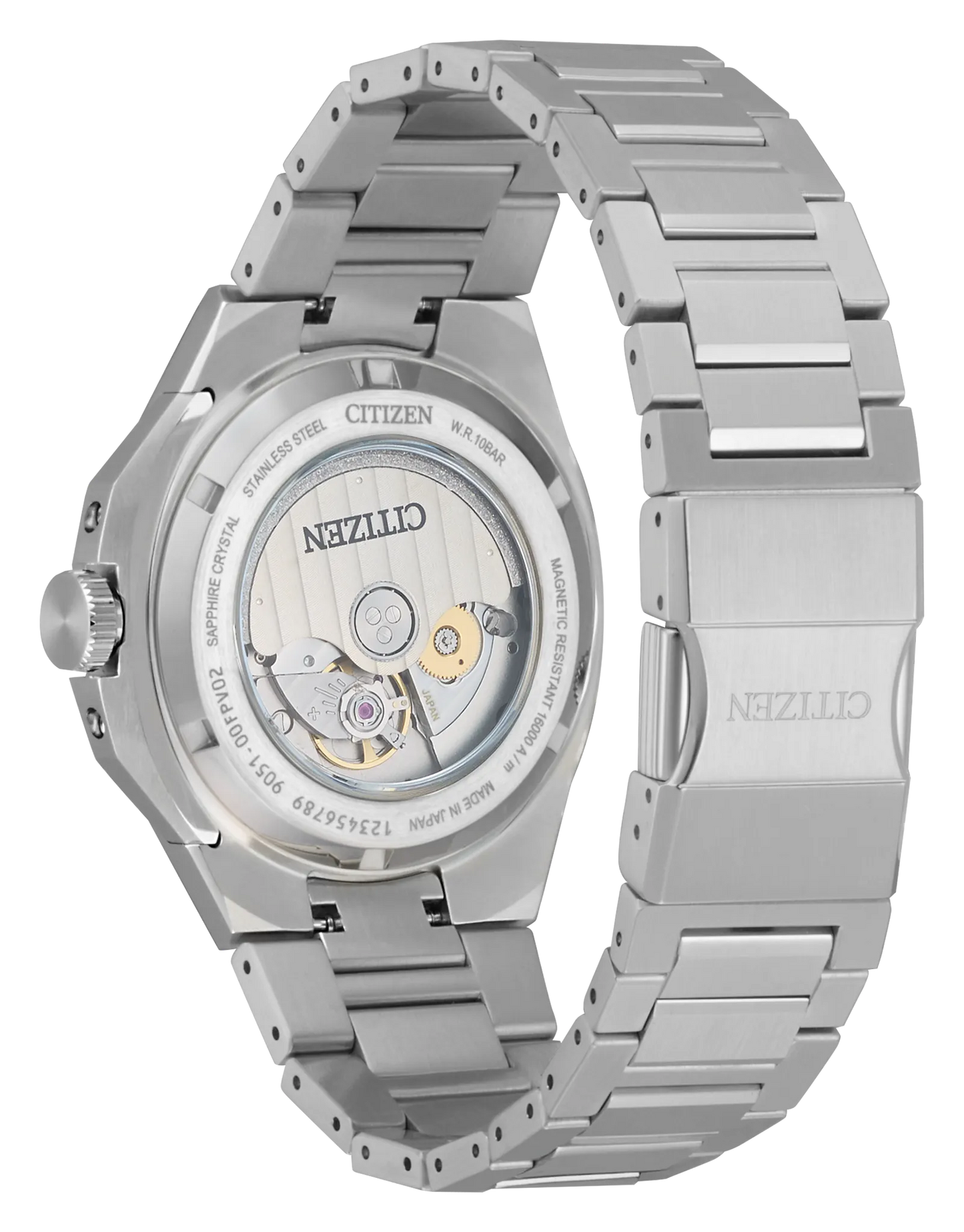 A close-up of the Citizen Watch - Series 8 - NB6080-51W displays its transparent case back, revealing the automatic movement and engraved details around the edge.