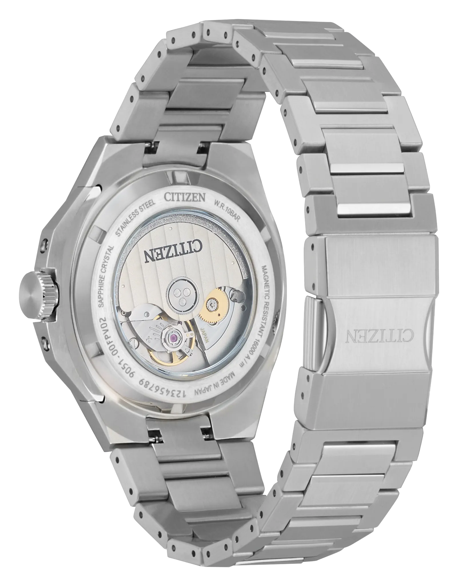A close-up of the Citizen Watch - Series 8 - NB6080-51W displays its transparent case back, revealing the automatic movement and engraved details around the edge.