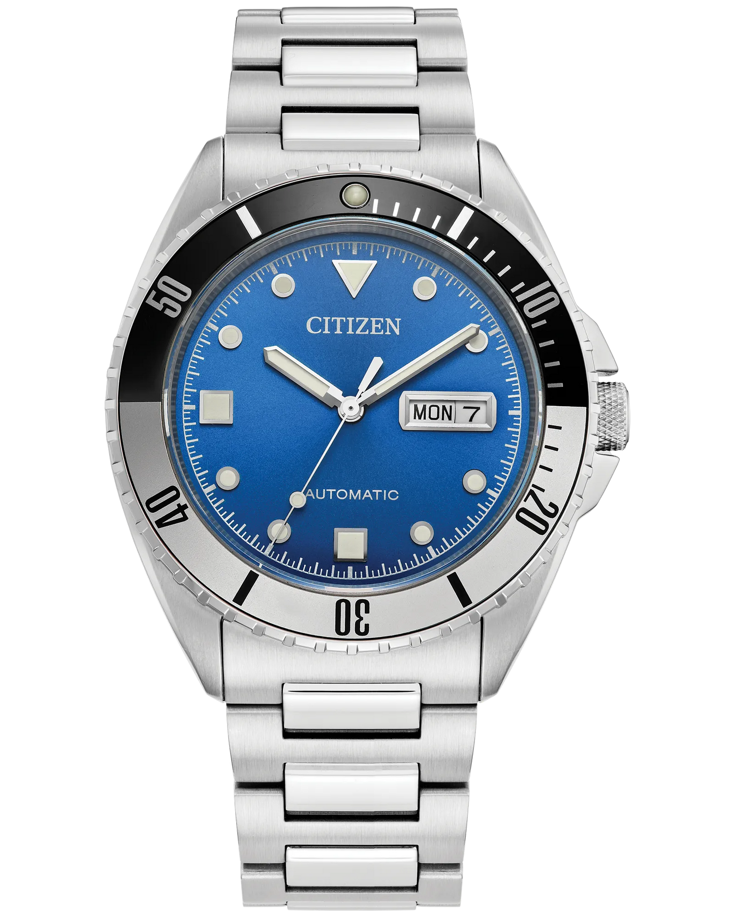 The Citizen Watch - Sport Automatic NH7530-52M by Citizen features a blue dial with silver markers and hands, day/date displays, a unidirectional black bezel, and a brushed stainless steel band for classic style.