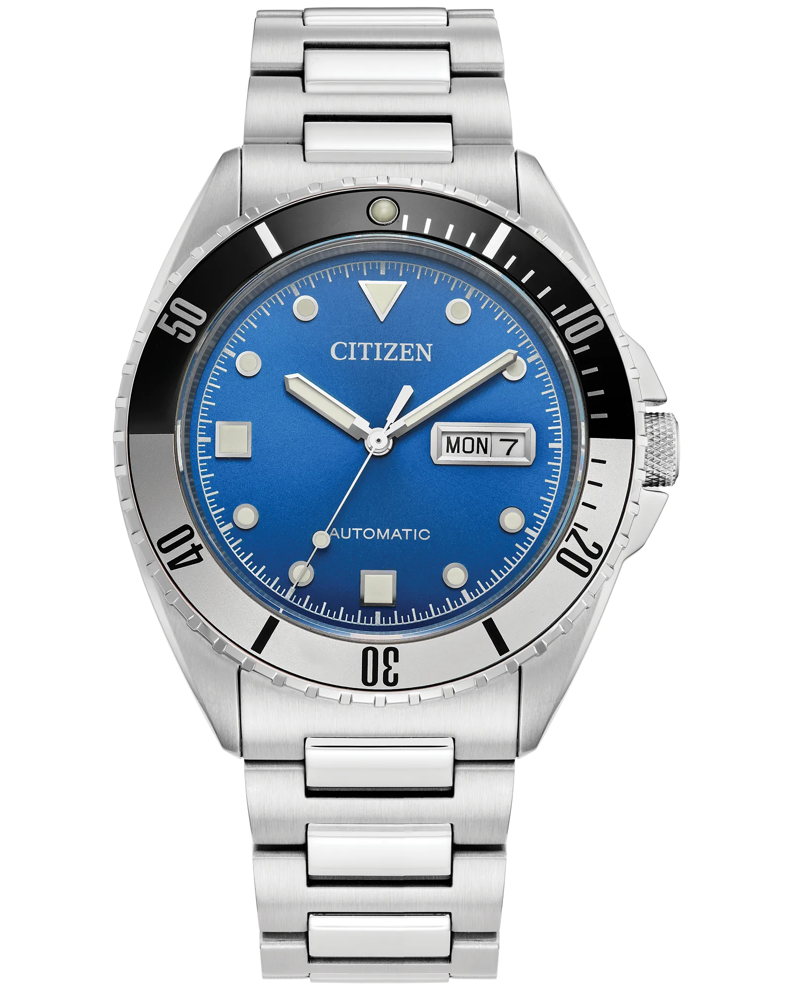 The Citizen Watch - Sport Automatic NH7530-52M by Citizen features a blue dial with silver markers and hands, day/date displays, a unidirectional black bezel, and a brushed stainless steel band for classic style.