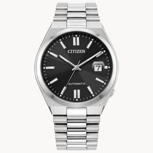 The Citizen Watch - TSUYOSA Collection Automatic NJ0150-56E features a stainless steel case, black dial with silver markers and hands, date window at 3 o’clock, and a silver link bracelet. The dial is labeled "CITIZEN" and "AUTOMATIC.
