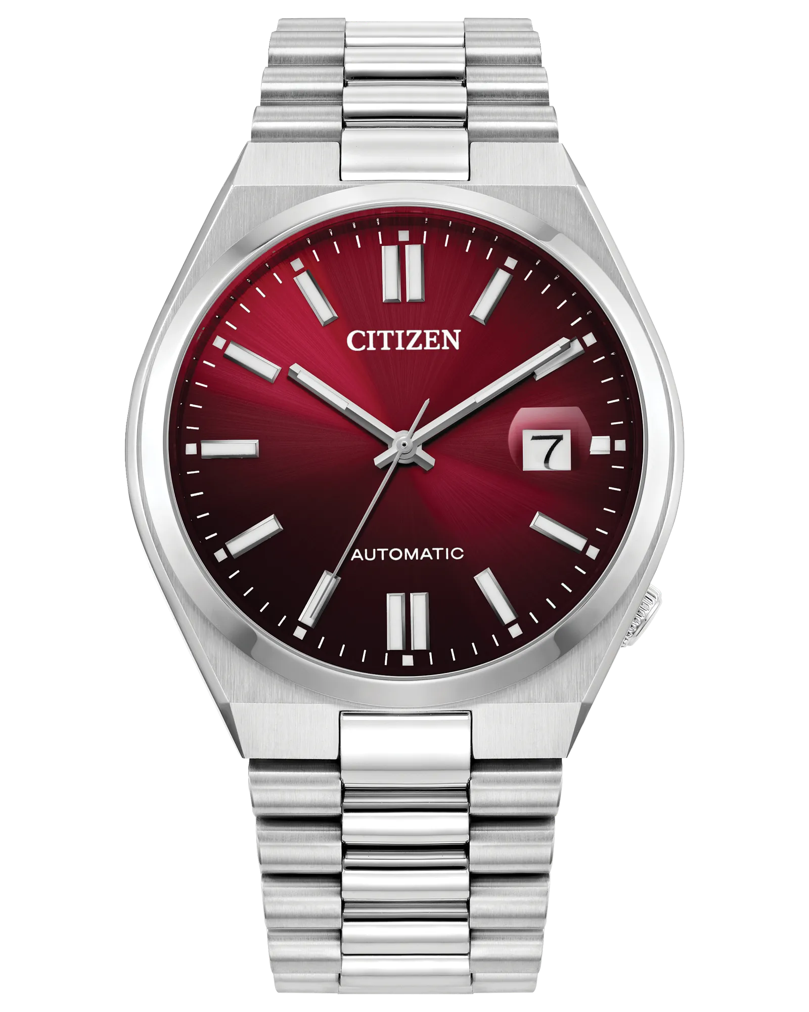 The Citizen TSUYOSA Automatic (NJ0150-56W) watch by Citizen features a metallic red dial, silver markers and hands, a date window at 3 o’clock, and a stainless steel link bracelet, displayed against a white background.