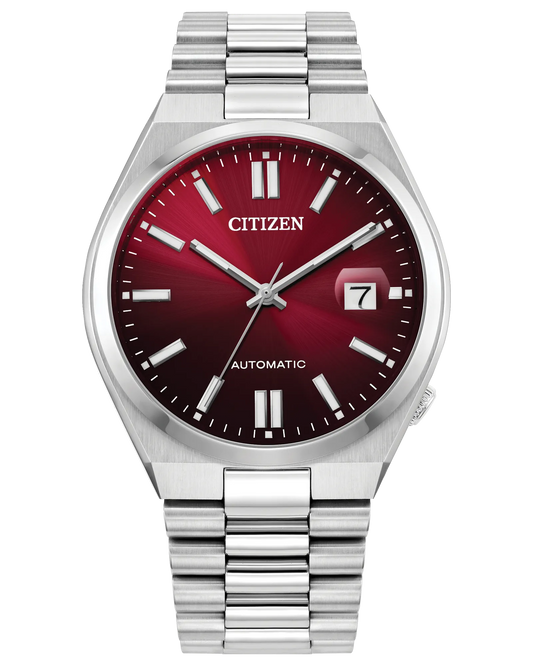 The Citizen TSUYOSA Automatic (NJ0150-56W) watch by Citizen features a metallic red dial, silver markers and hands, a date window at 3 o’clock, and a stainless steel link bracelet, displayed against a white background.