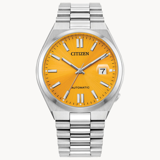 The Citizen Watch "TSUYOSA" Collection Automatic NJ0150-56Z features a silver metallic band, bright yellow dial with sapphire crystal, silver hour markers, date at 3 o’clock, and CITIZEN and AUTOMATIC on the face.