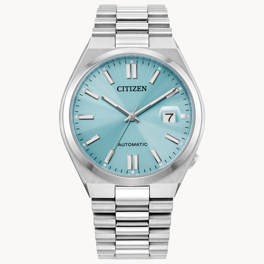 The Citizen Watch - Tsuyosa Collection Automatic NJ0151-53M features a stainless steel case, turquoise sunburst dial, silver markers and hands, date at 3 o'clock, and a link bracelet. The dial displays "CITIZEN" and "AUTOMATIC.
