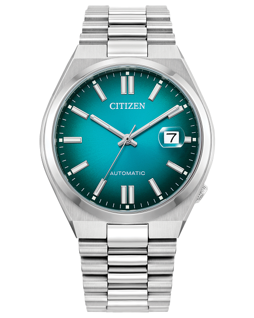 The Citizen Watch - Tsuyosa Automatic - NJ0151-53X features a teal gradient dial, silver markers and hands, date at 3 o’clock, and a stainless steel bracelet. The watch face shows CITIZEN and AUTOMATIC.