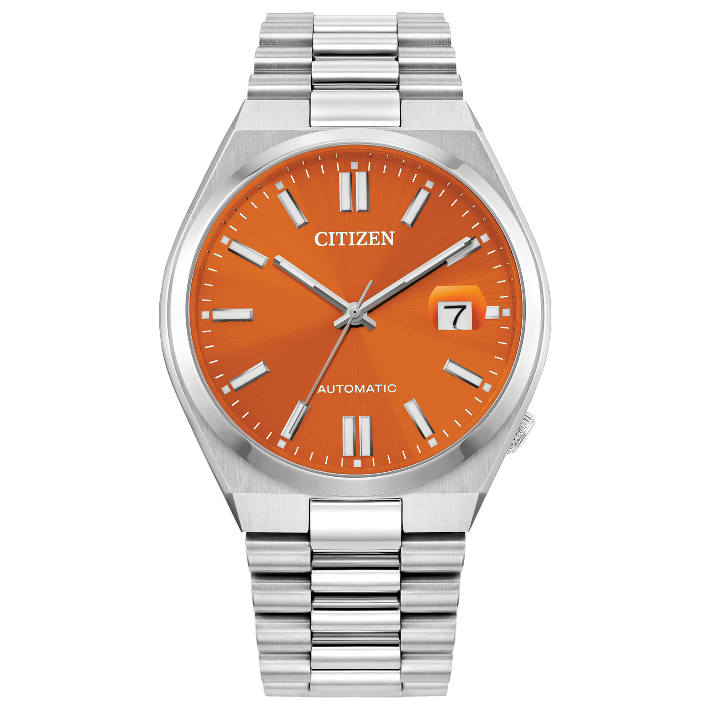 The Citizen Watch - Tsuyosa Automatic (NJ0151-53Z) by Citizen features a stainless steel case and silver band, an orange dial with silver markers and hands, a date window at 7 o’clock, and AUTOMATIC written above 6.