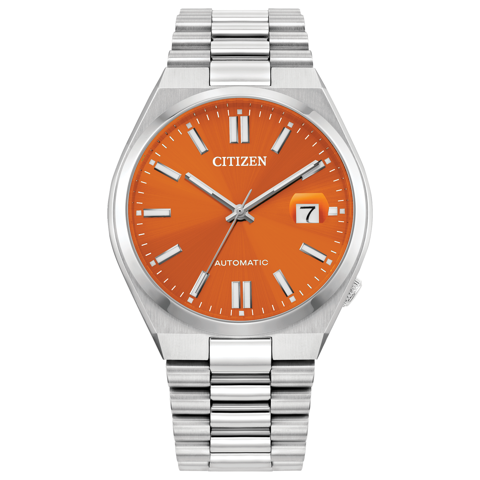 The Citizen Watch - Tsuyosa Automatic (NJ0151-53Z) by Citizen features a stainless steel case and silver band, an orange dial with silver markers and hands, a date window at 7 o’clock, and AUTOMATIC written above 6.