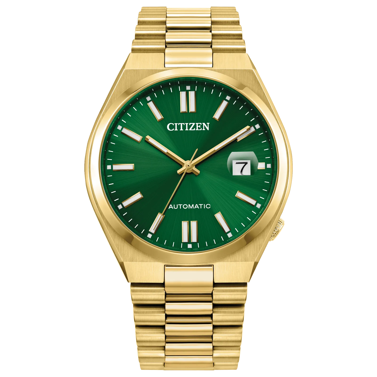 The Citizen Watch - TSUYOSA Automatic (NJ0152-51X) by Citizen features a gold-tone stainless steel case, sunray green dial, gold markers and hands, date window at 3 o’clock, AUTOMATIC above 6, and a matching gold link bracelet.