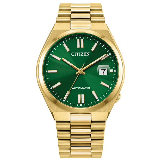 The Citizen Watch - TSUYOSA Automatic (NJ0152-51X) by Citizen features a gold-tone stainless steel case, sunray green dial, gold markers and hands, date window at 3 o’clock, AUTOMATIC above 6, and a matching gold link bracelet.