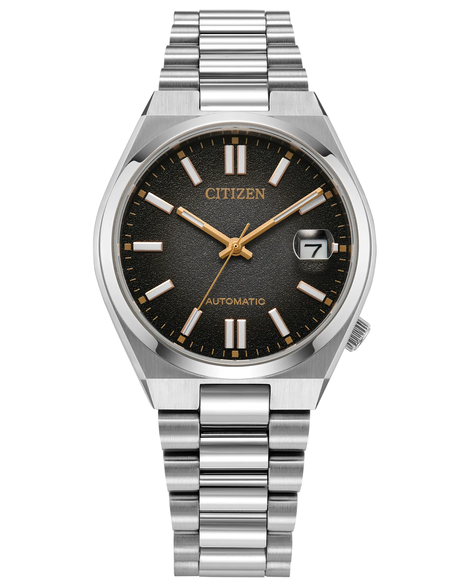 The Citizen Watch TSUYOSA 37mm “Time Slip” (NJ0200-50E) features a black textured dial, gold markers and hands, date window at 3 o’clock, and a stainless steel link bracelet in a sporty stainless steel design.