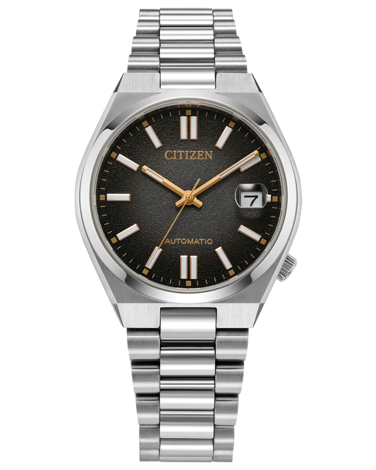 The Citizen Watch TSUYOSA 37mm “Time Slip” (NJ0200-50E) features a black textured dial, gold markers and hands, date window at 3 o’clock, and a stainless steel link bracelet in a sporty stainless steel design.