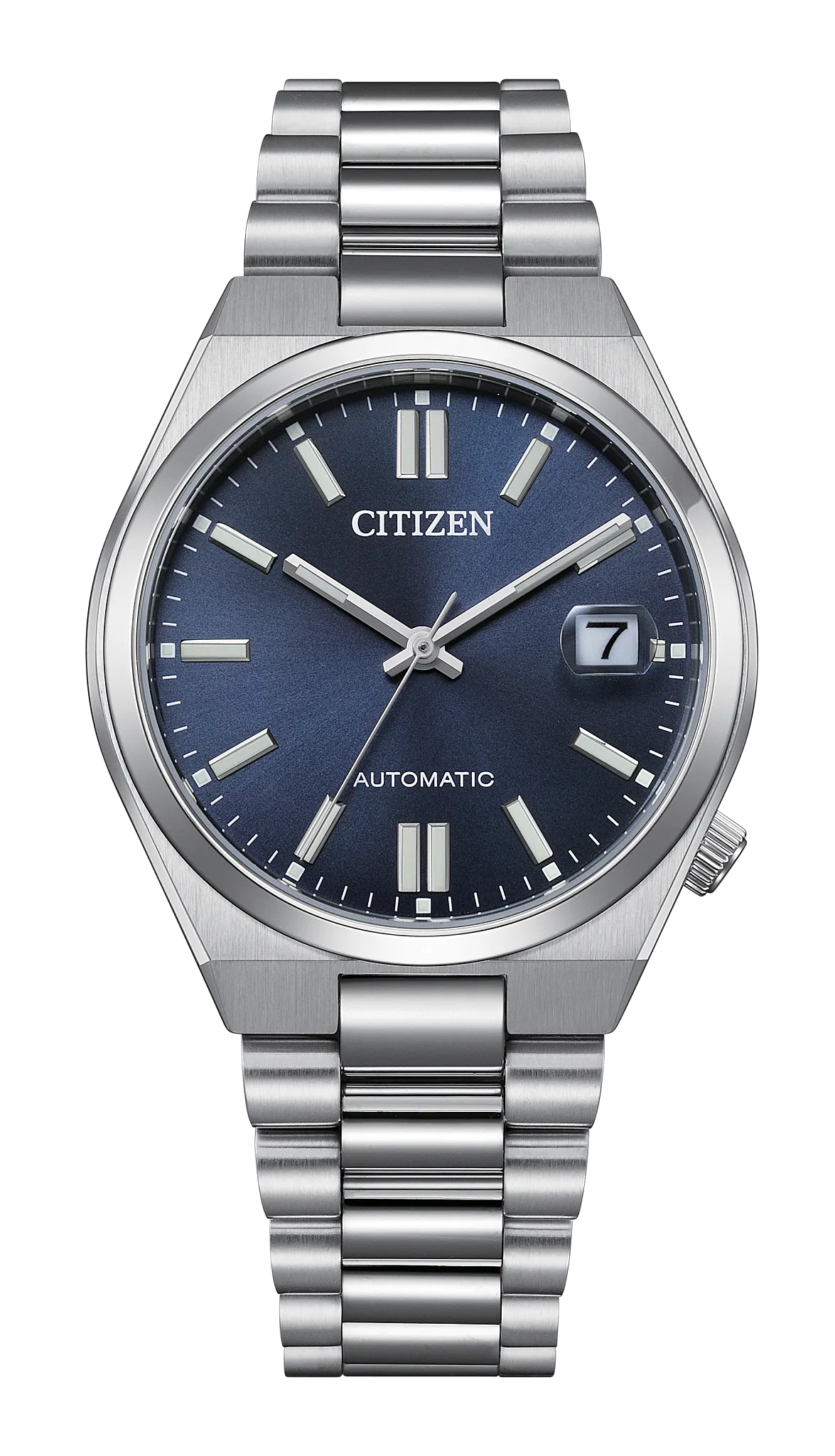 A Citizen Watch - TSUYOSA - NJ0200-50M in silver, featuring a blue dial with silver hour markers, date display at 3 o’clock, and “AUTOMATIC” printed above 6 o’clock. The stainless steel Citizen wristwatch has a metal link band.