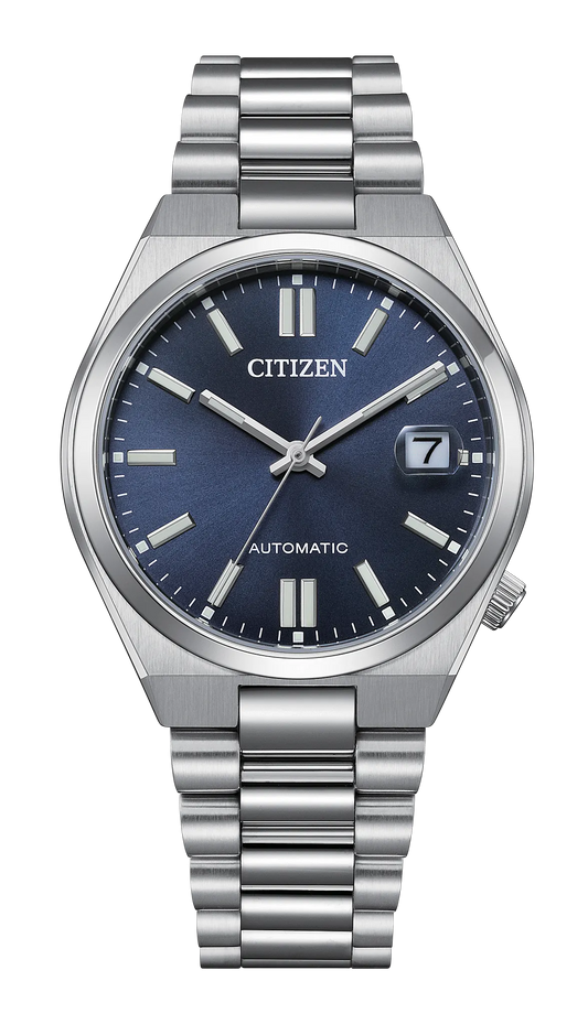 A Citizen Watch - TSUYOSA - NJ0200-50M in silver, featuring a blue dial with silver hour markers, date display at 3 o’clock, and “AUTOMATIC” printed above 6 o’clock. The stainless steel Citizen wristwatch has a metal link band.