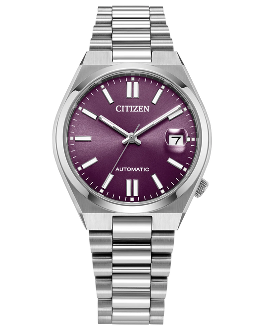The Citizen TSUYOSA 37mm (NJ0200-50W) is a silver automatic wristwatch with a metallic band, purple dial, white hour markers and hands, date at 3 o’clock, sapphire crystal, and “AUTOMATIC” above 6 o’clock—a classic sports style by Citizen.