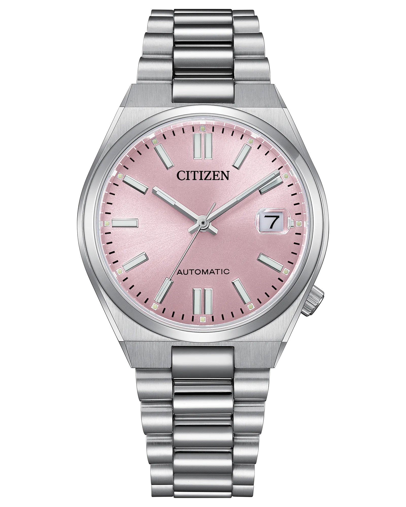 The Citizen Watch - TSUYOSA Automatic 37mm (NJ0200-50Z) features a pink dial, silver markers, date window at 3 o’clock, stainless steel case, automatic movement, and a metal link bracelet.