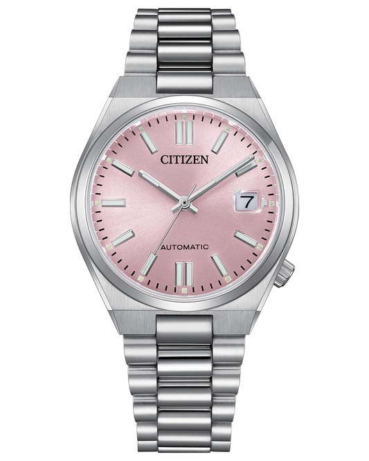 The Citizen Watch - TSUYOSA Automatic 37mm (NJ0200-50Z) features a pink dial, silver markers, date window at 3 o’clock, stainless steel case, automatic movement, and a metal link bracelet.
