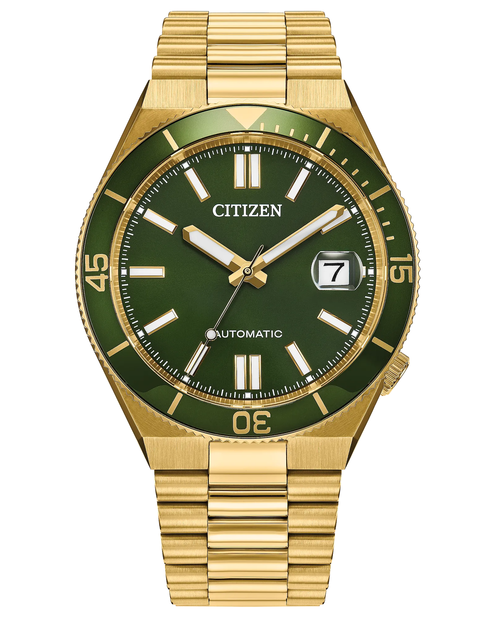 The Citizen Watch - TSUYOSA Shore Automatic (NJ0232-53X) features a gold-tone stainless steel case and bracelet, green dial and bezel, gold markers and hands, a date window at 3 o’clock, and is powered by automatic Caliber 8210.