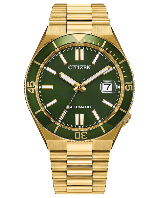 The Citizen Watch - TSUYOSA Shore Automatic (NJ0232-53X) features a gold-tone stainless steel case and bracelet, green dial and bezel, gold markers and hands, a date window at 3 o’clock, and is powered by automatic Caliber 8210.