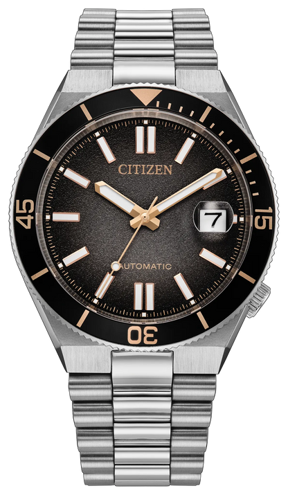 Introducing the Citizen Watch - TSUYOSA Shore “Time Slip” NJ0238-57E: a stainless steel automatic sports watch with a metallic bracelet, striking black textured dial, gold-tone hands and markers, date window at 3 o’clock, and a black bezel marked with numerals 15, 30, and 45—showcasing Citizen’s signature refined craftsmanship.