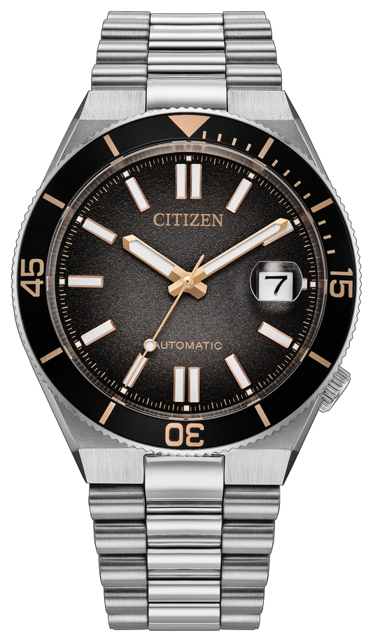 Introducing the Citizen Watch - TSUYOSA Shore “Time Slip” NJ0238-57E: a stainless steel automatic sports watch with a metallic bracelet, striking black textured dial, gold-tone hands and markers, date window at 3 o’clock, and a black bezel marked with numerals 15, 30, and 45—showcasing Citizen’s signature refined craftsmanship.
