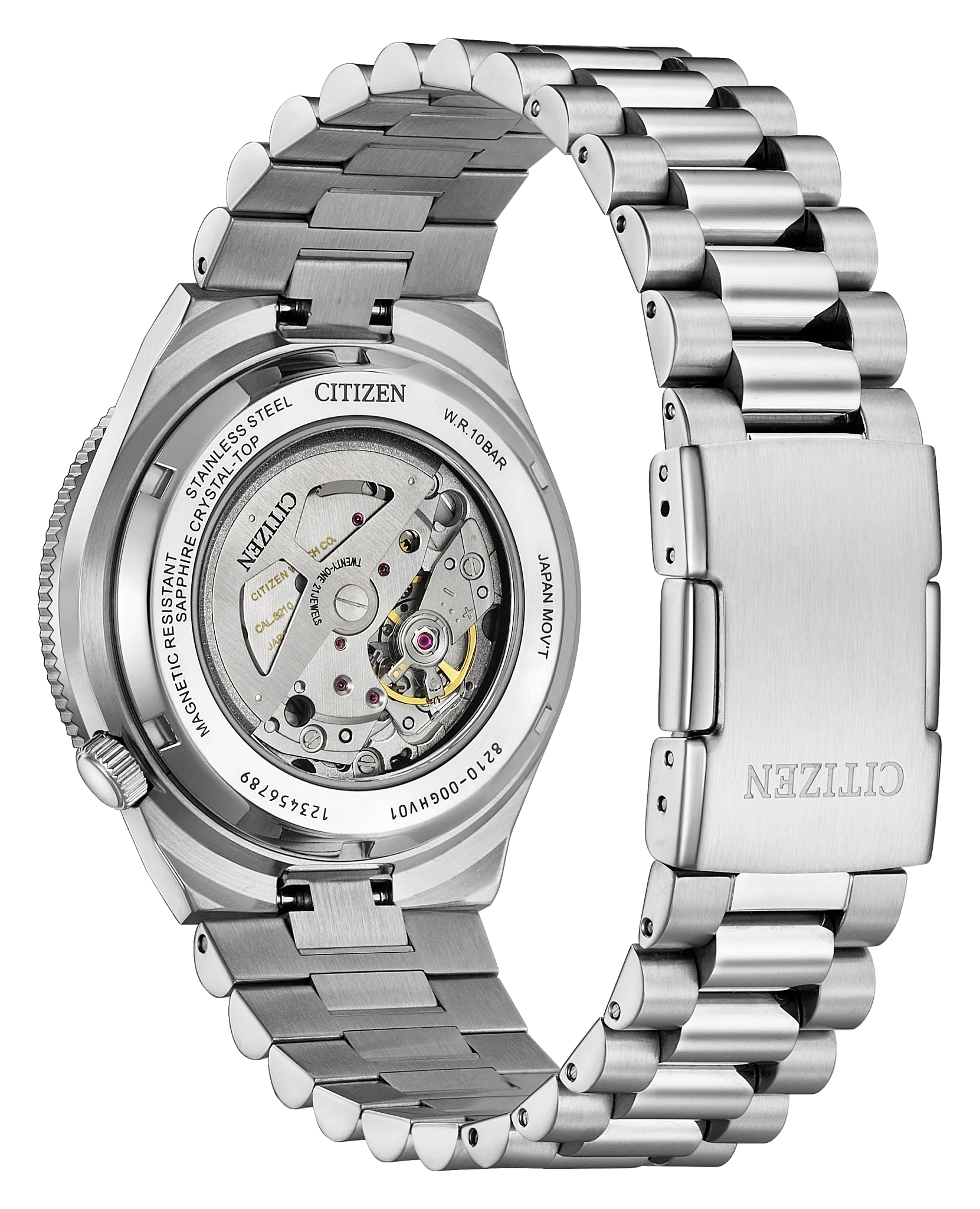 Back view of the Citizen Watch - TSUYOSA Shore “Time Slip” - NJ0238-57E by Citizen, featuring an exposed automatic movement with visible gears and engravings, attached to a stainless steel link bracelet.