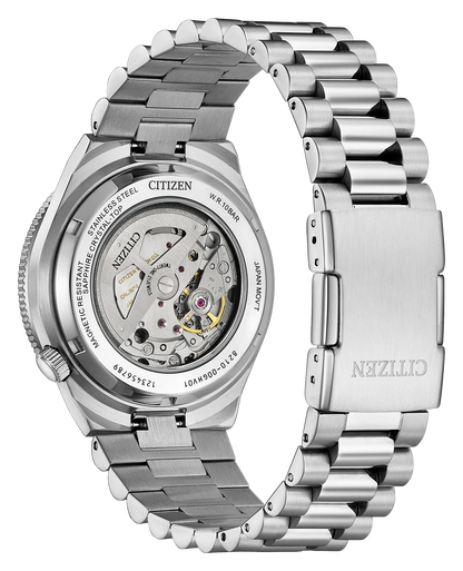 Back view of the Citizen Watch - TSUYOSA Shore “Time Slip” - NJ0238-57E by Citizen, featuring an exposed automatic movement with visible gears and engravings, attached to a stainless steel link bracelet.