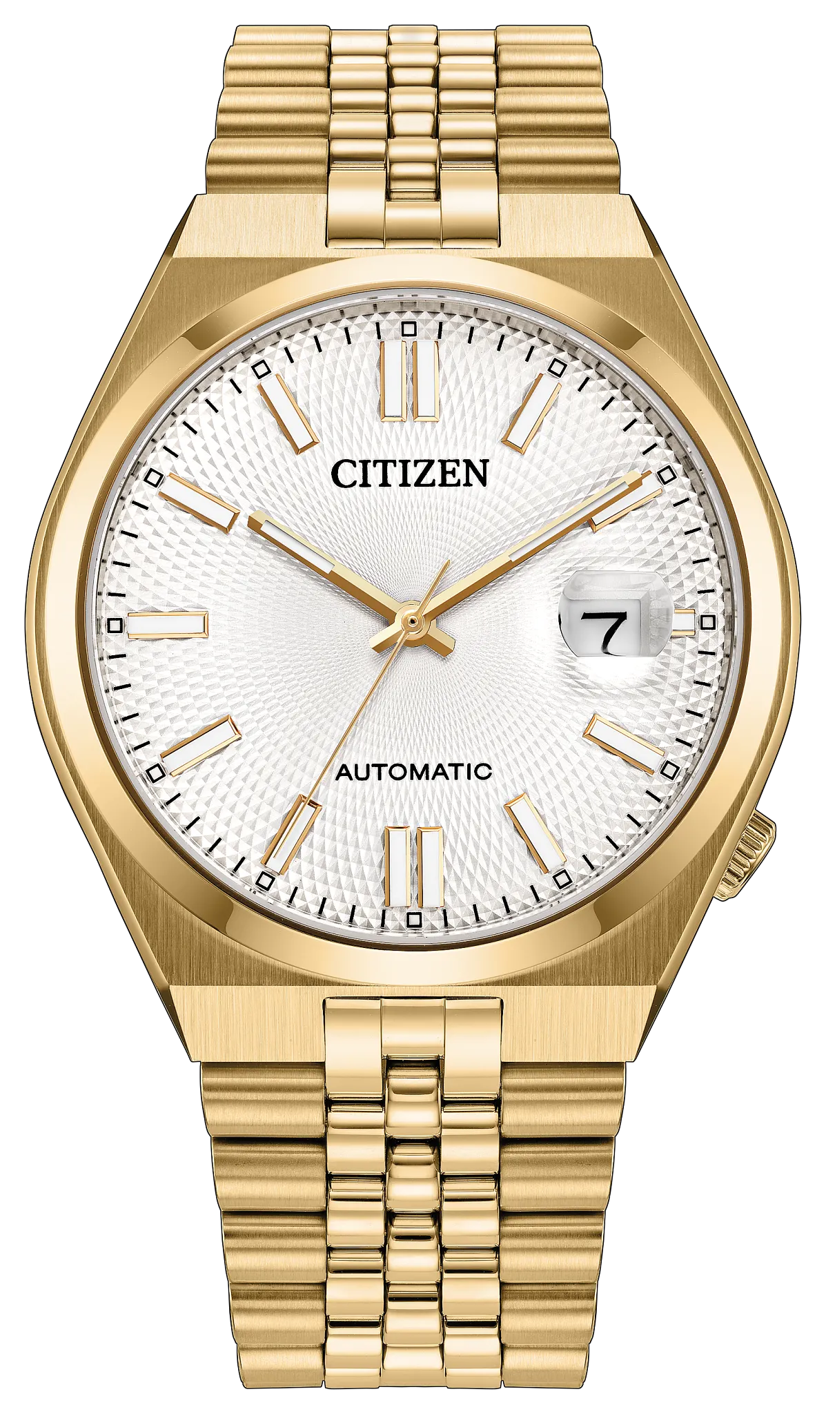 The Citizen Watch - TSUYOSA 60 - NK0022-50A features a gold-tone case and bracelet, complemented by a white textured dial with gold hour markers and a date window at the 3 o’clock position. Designed with an impressive 60-hour power reserve, this refined timepiece from Citizen combines classic elegance with modern functionality.