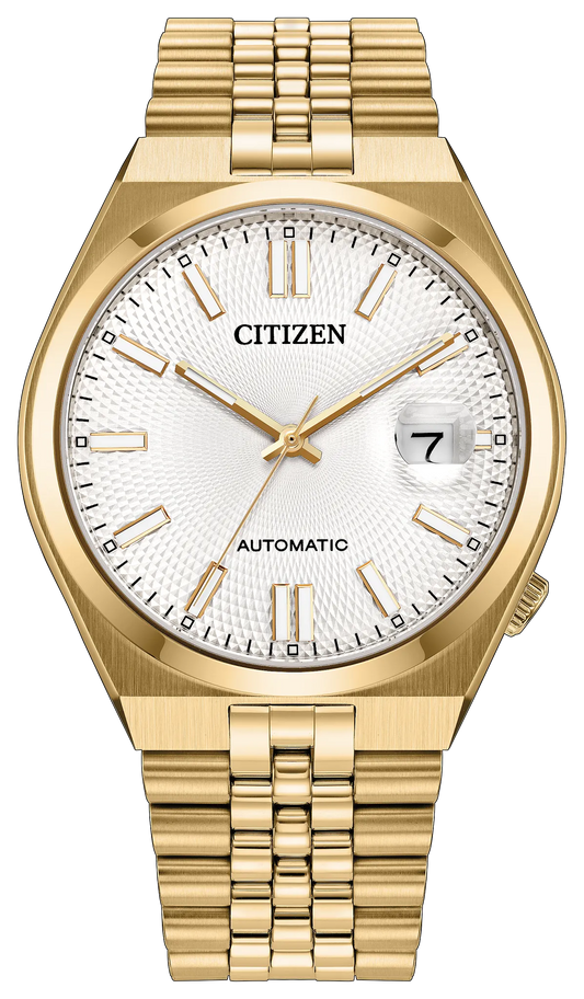 The Citizen Watch - TSUYOSA 60 - NK0022-50A features a gold-tone case and bracelet, complemented by a white textured dial with gold hour markers and a date window at the 3 o’clock position. Designed with an impressive 60-hour power reserve, this refined timepiece from Citizen combines classic elegance with modern functionality.