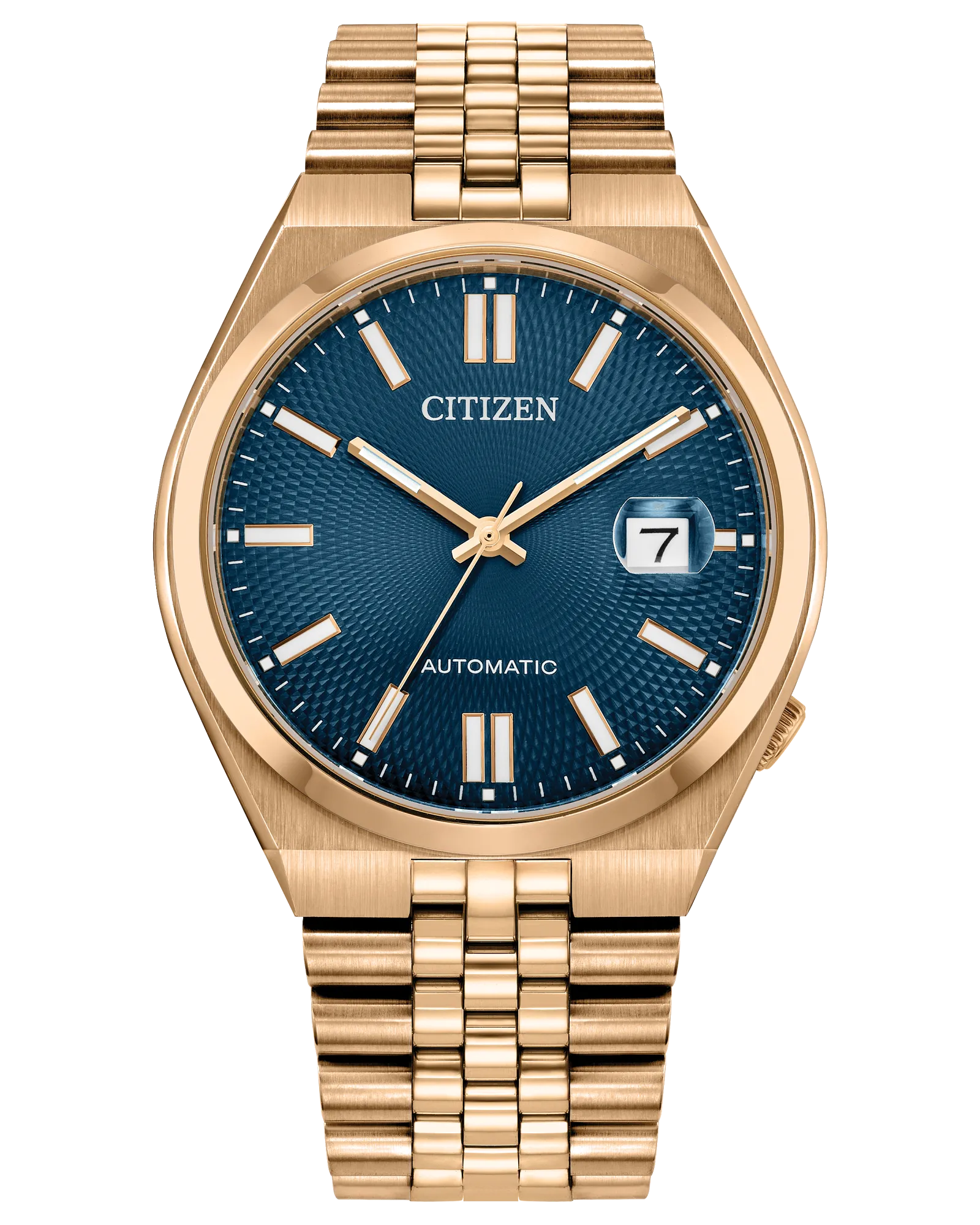 The Citizen Watch TSUYOSA 60 Automatic (NK0023-57L) features a blue textured dial, gold hour markers and hands, a date window at 3 o’clock, and a rose gold-tone stainless steel link bracelet.