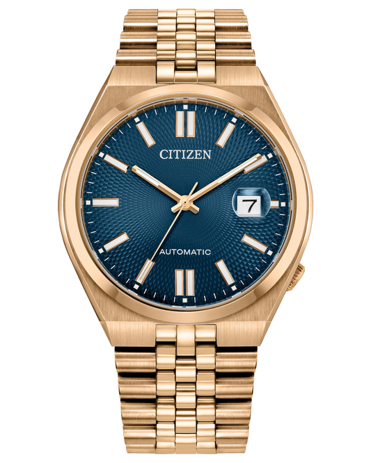 The Citizen Watch TSUYOSA 60 Automatic (NK0023-57L) features a blue textured dial, gold hour markers and hands, a date window at 3 o’clock, and a rose gold-tone stainless steel link bracelet.